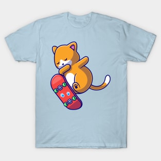 Cute Cat Playing Skateboard Cartoon T-Shirt